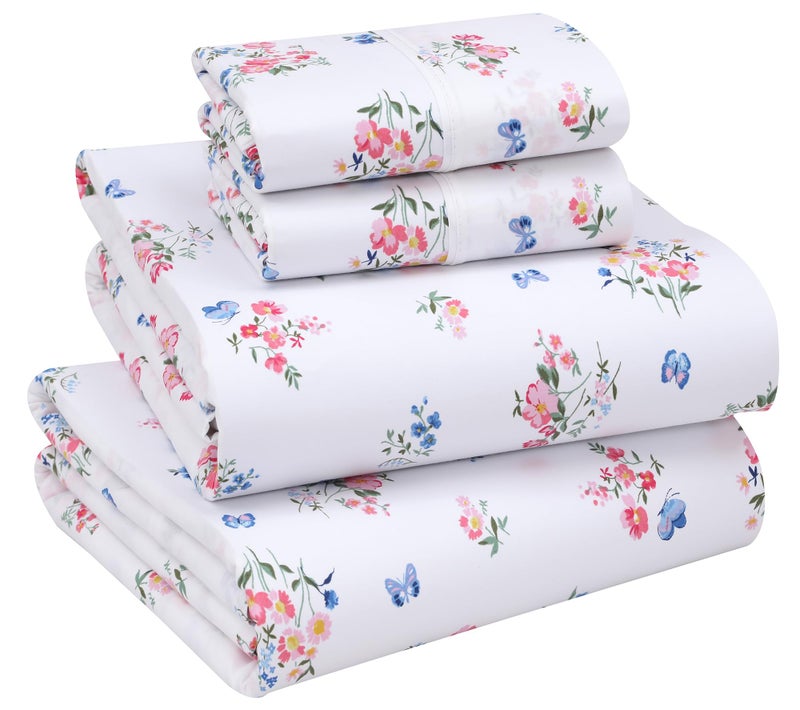 RUVANTI 100% Cotton King Size Sheets Set  4 Pieces  Soft & Breathable Percale Weave Bedding  Deep Pocket 16""  Hotel Standard  Crisp Cool Feel  Durable  Perfect Floral Bed Sheet  Funa Flora - Image 1